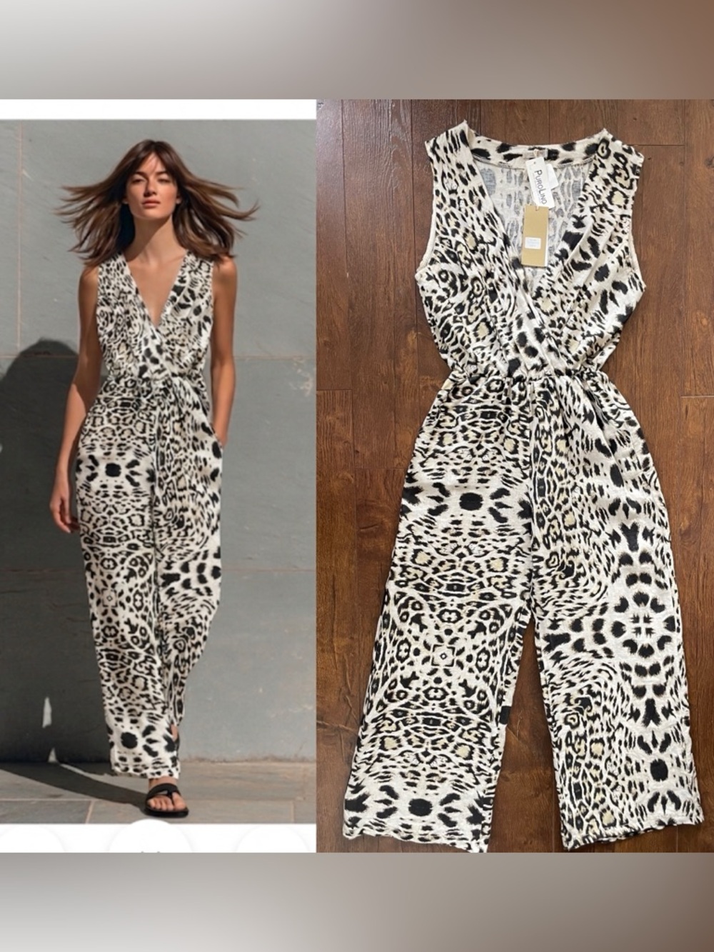 NWT 100% Linen Made in Italy Anna Melani Surplice Wide Leg Jumpsuit. Medium